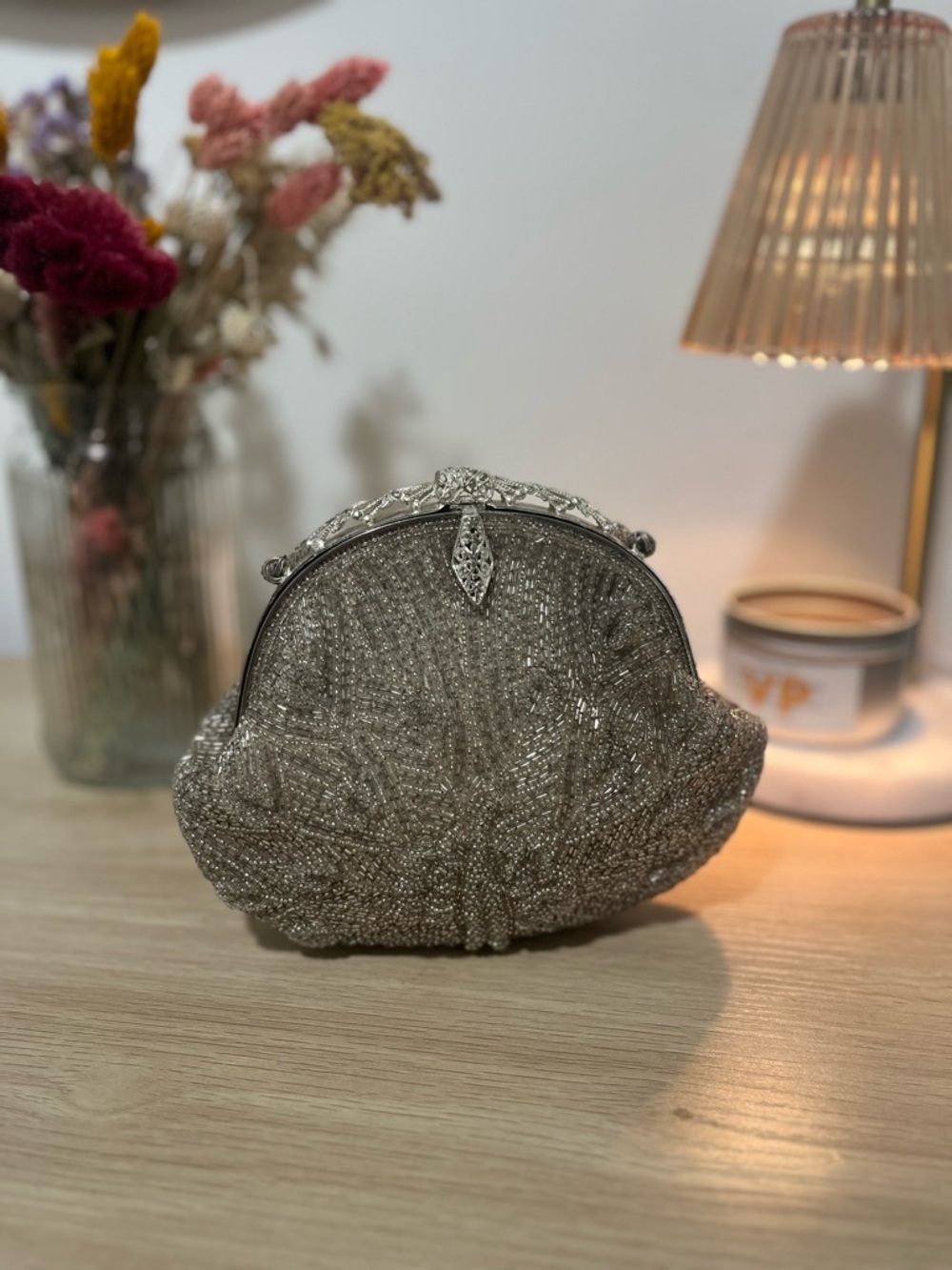 Elegant Silver Beaded Evening Clutch - Women's Bag